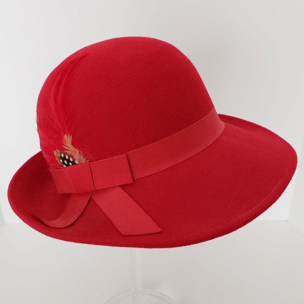 Red Wool Felt Cloche Hat with Ribbon and Feather